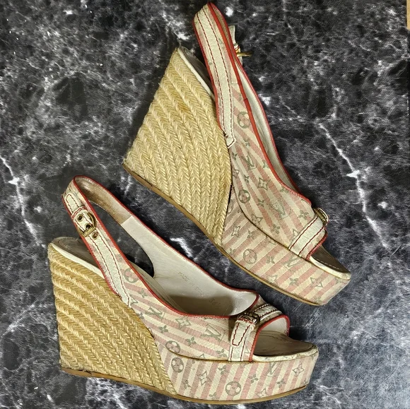 Louis Vuitton Monogram Heel Wedge Slip Open Toed Shoes Sz. 36.5 - Picture 2 of 13